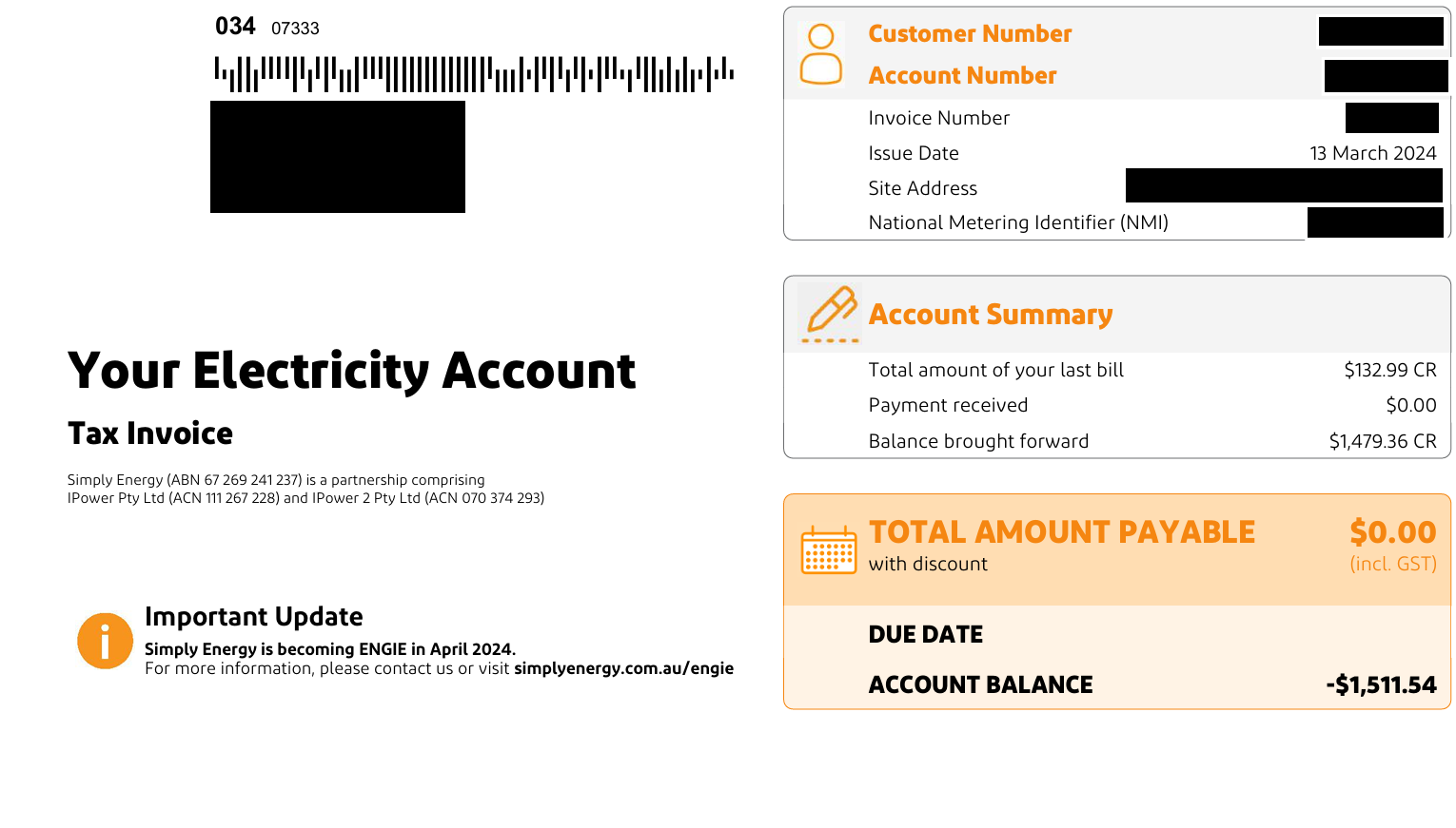 electricity bill showing zero payment is required due to the customer having solar and a battery